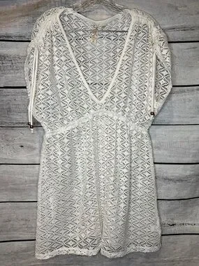 Miken | Dresses | Miken Cream White Lace Crochet Vneck Swim Cover Sheer ...